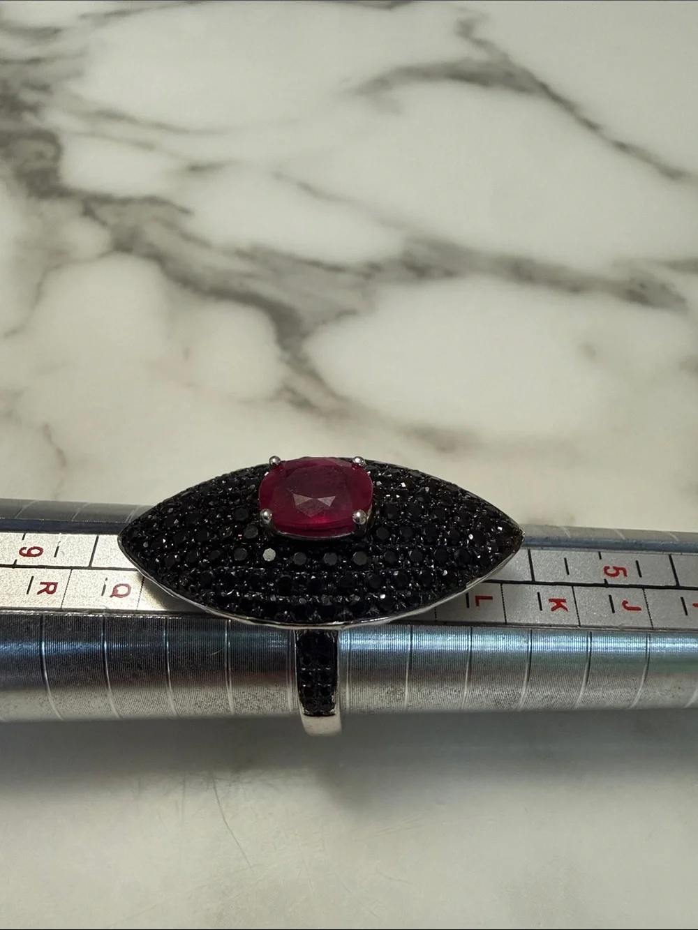 Rarities by Carol Brodie simulated ruby and black spinel and silver ring, size 7